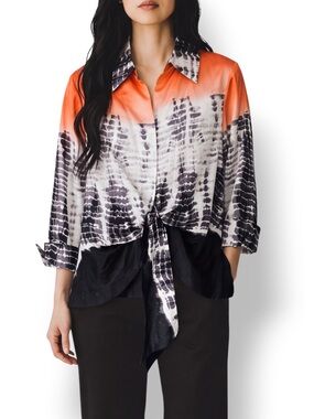 4/$20 Mishca Orange Black Tie Dye Tie Front Collared Blouse Large